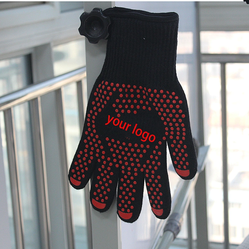 Custom Logo Black Aramid Barbeque Oven Mitts OEM For Kitchen Cooking 932F Extreme Heat Resistant BBQ Grill Gloves