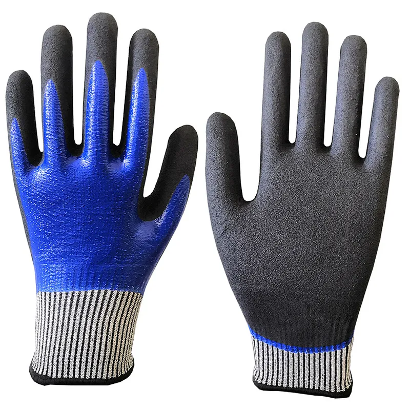 Oil Water Proof Blue Double Coated Cut Resistant Safety Work Glove With Sandy Nitrile Superior Grip Palm For Automotive Industry