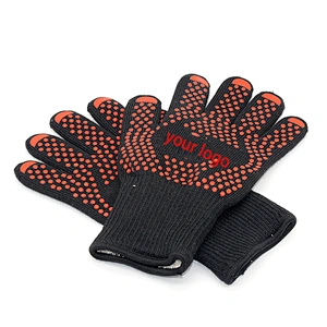 Custom Logo Black Aramid Barbeque Oven Mitts OEM For Kitchen Cooking 932F Extreme Heat Resistant BBQ Grill Gloves