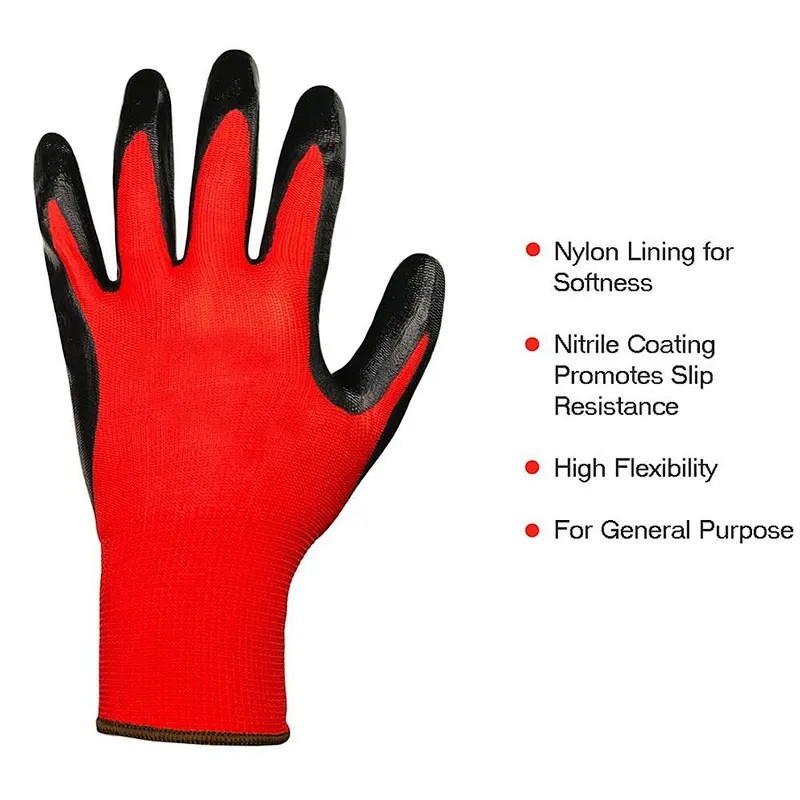 13G Red Polyester Industrial Wholesale Hand Nitrile Coated Work Gloves