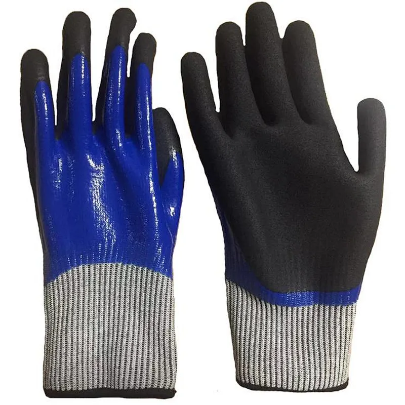 Oil Water Proof Blue Double Coated Cut Resistant Safety Work Glove With Sandy Nitrile Superior Grip Palm For Automotive Industry