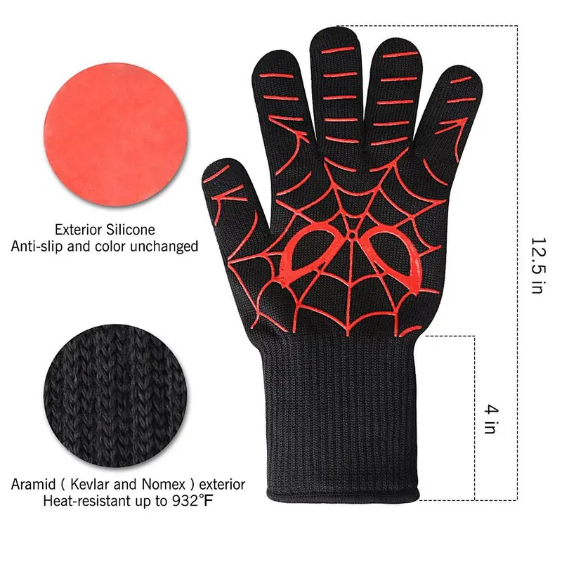 BK16 Non Slip Silicone Coated Oven Mitts, BBQ Grill Heat Resistant Gloves