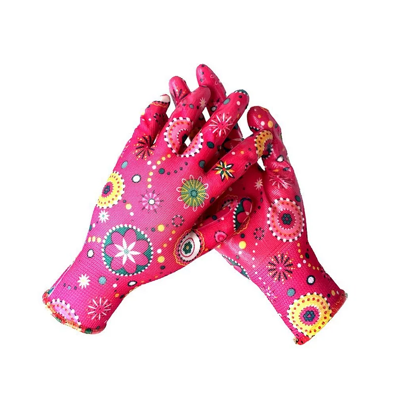 Women Lady Flower Printed Floral Nitrile Coated Gloves Garden Glove