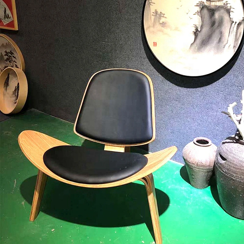 Custom solid wood leather Three leged nordic shell chair for living room