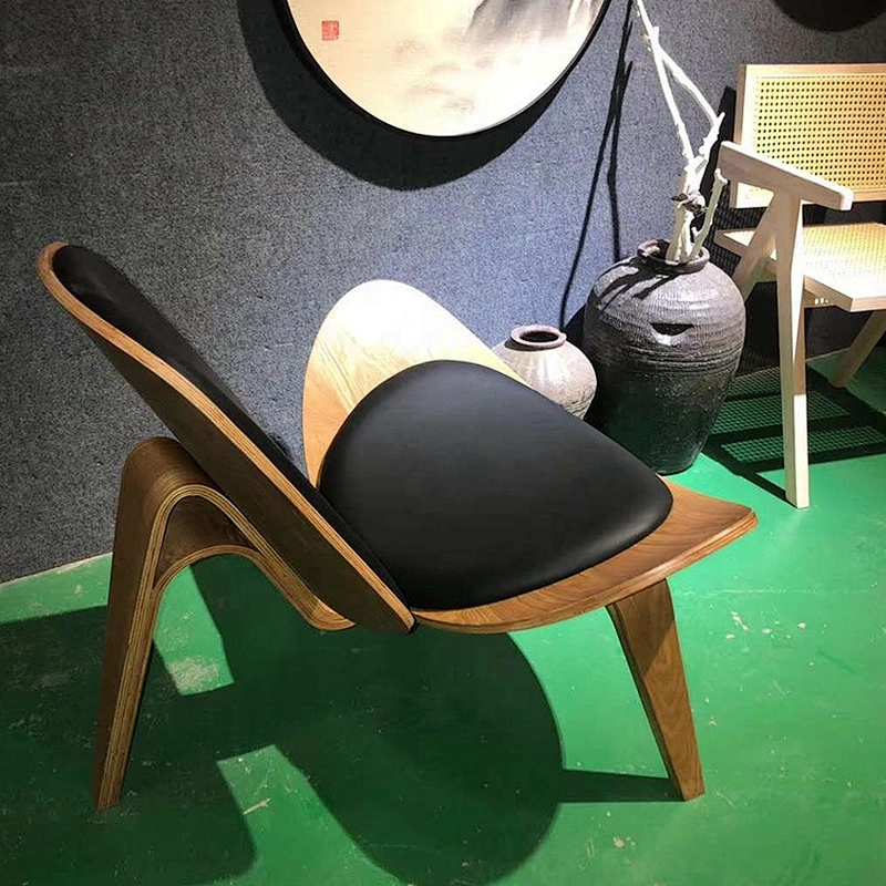 Custom solid wood leather Three leged nordic shell chair for living room