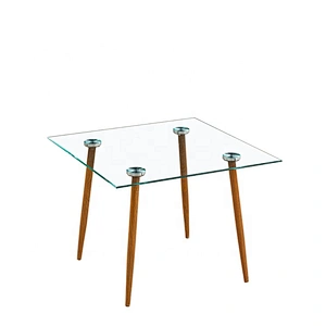 Modern Thick Tempered Glass Dining Table With Wooden Leg