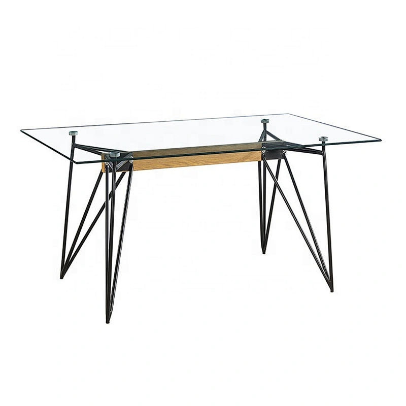 Sample powder coated iron leg glass dining table tempered