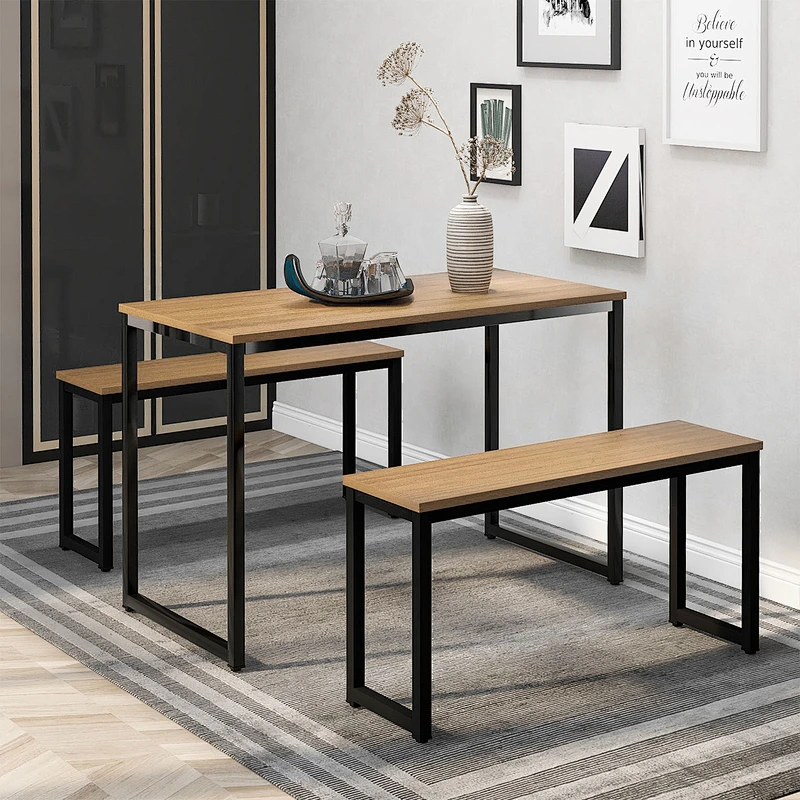 Low price New Design dining table and bench set wood top metal leg
