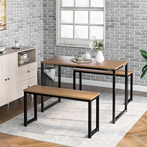 Low price New Design dining table and bench set wood top metal leg