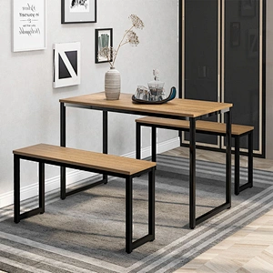 Low price New Design dining table and bench set wood top metal leg