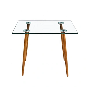 Modern Thick Tempered Glass Dining Table With Wooden Leg