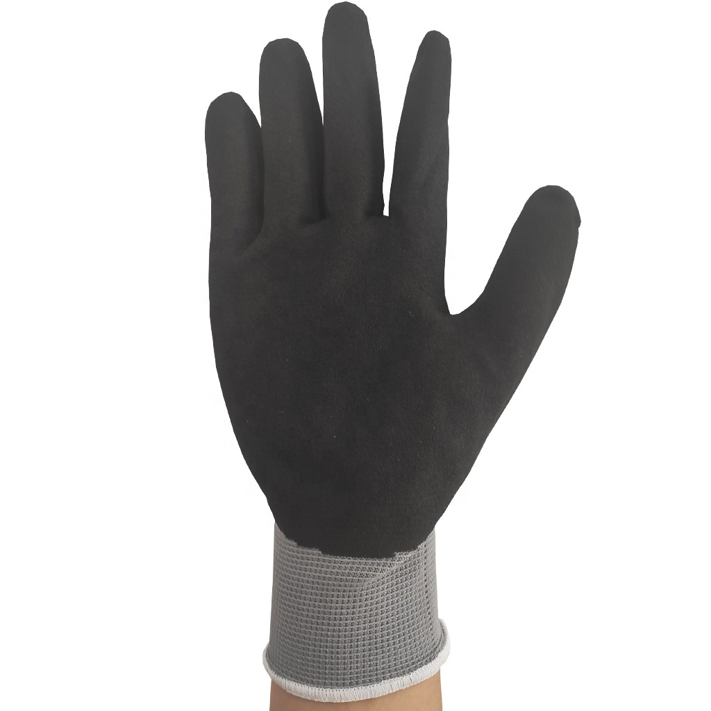 Machine Black 13G Polyester Shell Nitrile Coated Sandy Finish Working Gloves