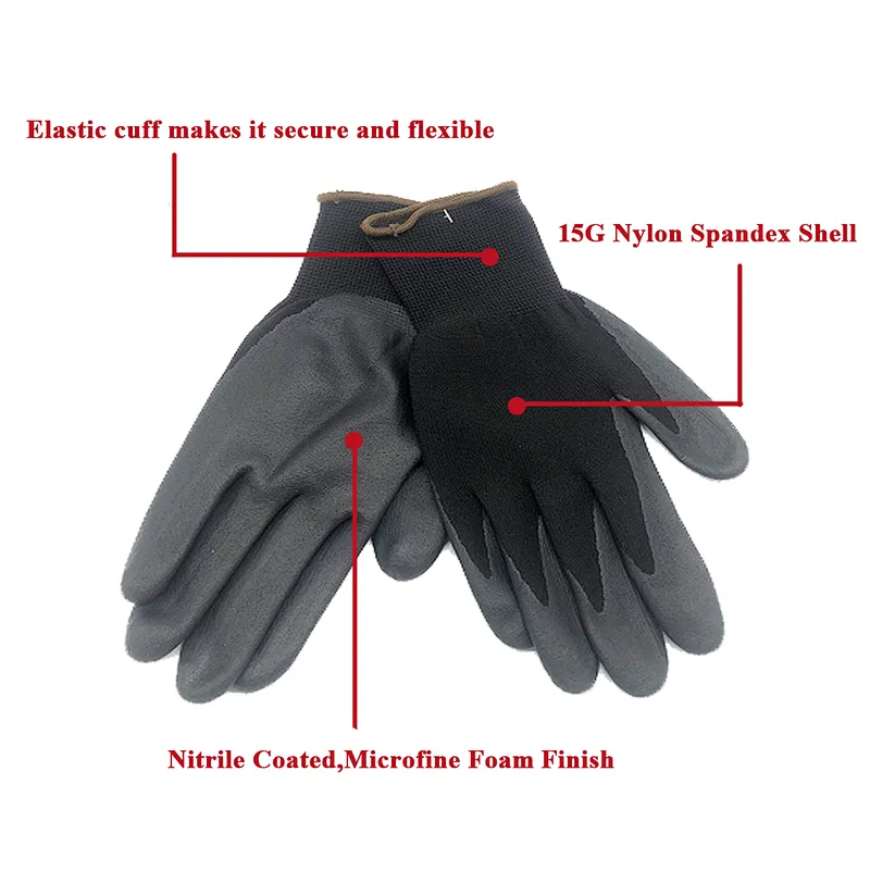 Factory Industrial Glove 15G Nylon Spandex Shell Nitrile Coated