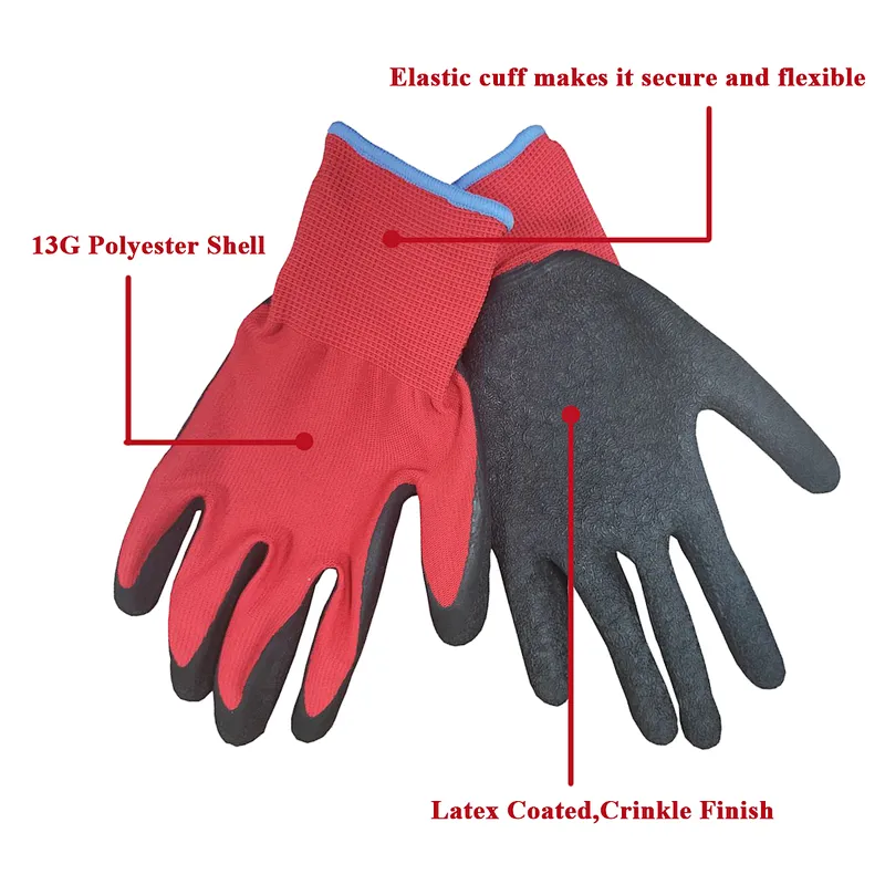 Safety Working Nylon Garden Gloves Polyester Shell Latex Coated Crinkle Finish