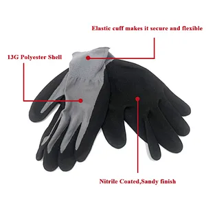 Machine Black 13G Polyester Shell Nitrile Coated Sandy Finish Working Gloves