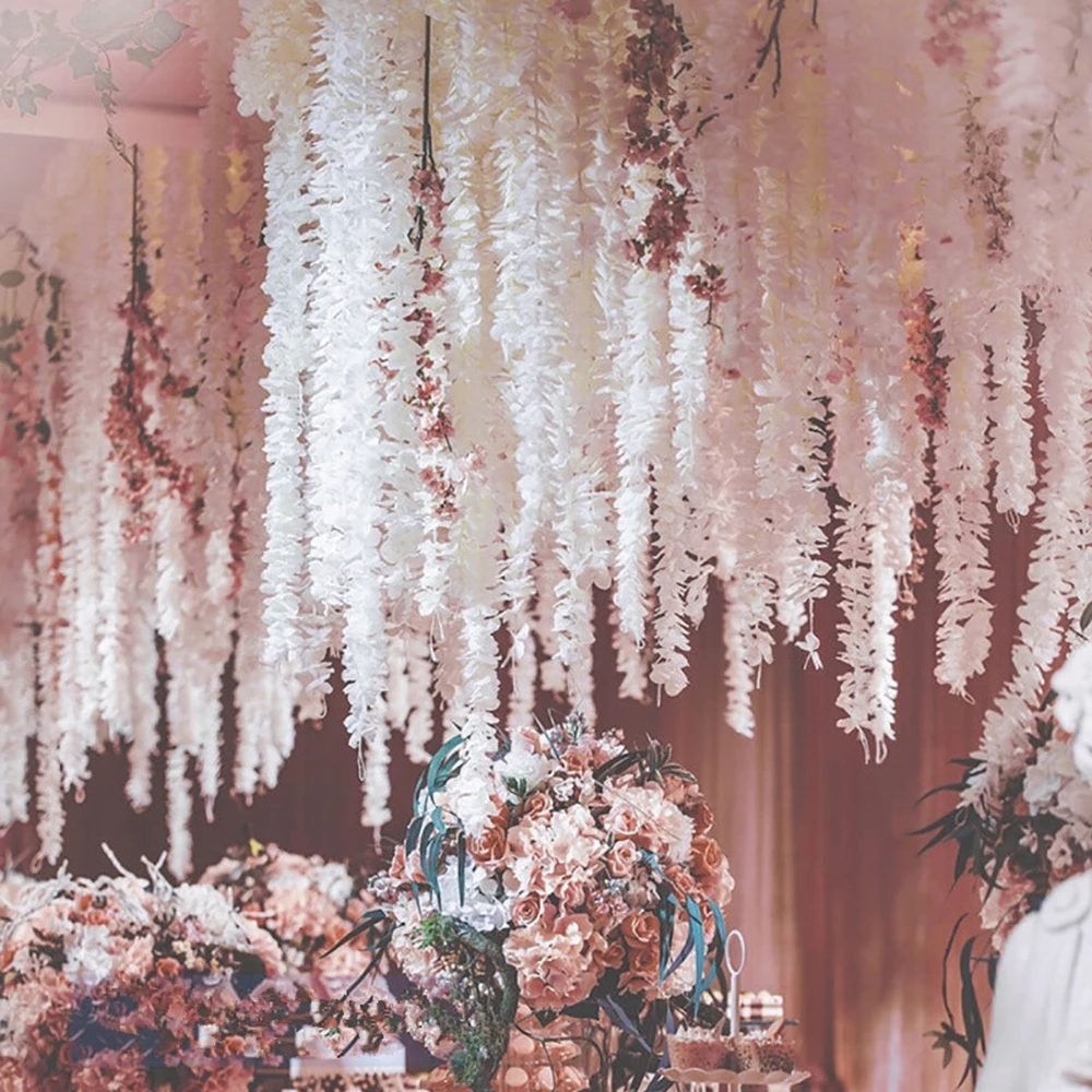 White Artificial Silk Wisteria Flowers Hanging Rattan Bride Wedding Garland Ceiling Decoration Artificial flowers