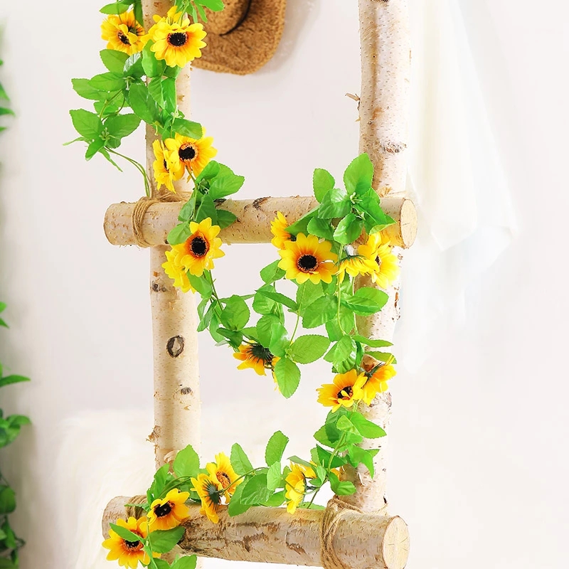 Sunflowers cane rattan artificial flowers garland green plants leaf wall hanging home wedding party decor artificial vines