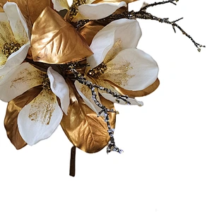 Best Selling Outdoor Artificial Glitter Bundle Luxury Christmas Bundle Golden Leaves With White Flower
