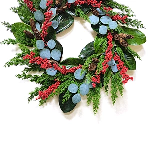 Eco-Friendly Pine needles and leaves wreath 66/38.1cm Real Touch wreath with red berry