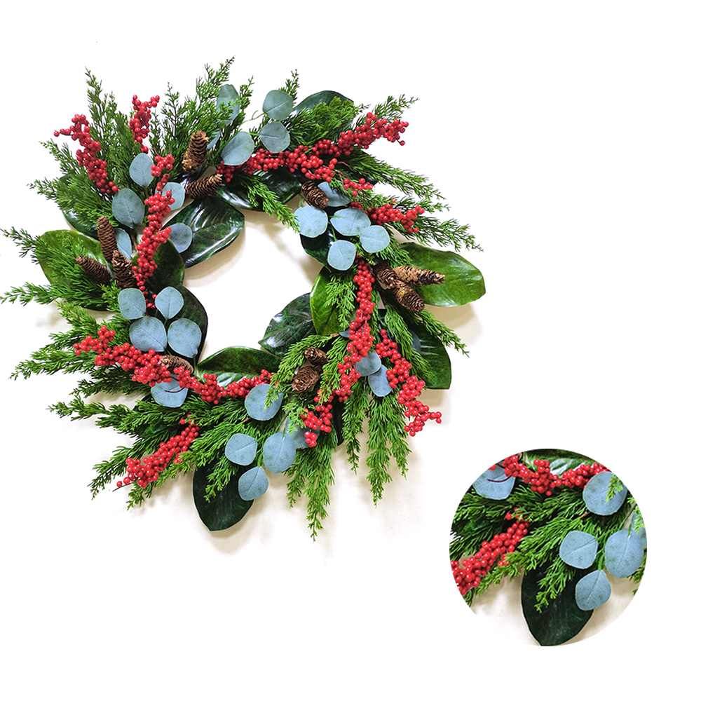 Eco-Friendly Pine needles and leaves wreath 66/38.1cm Real Touch wreath with red berry