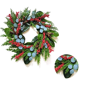 Eco-Friendly Pine needles and leaves wreath 66/38.1cm Real Touch wreath with red berry