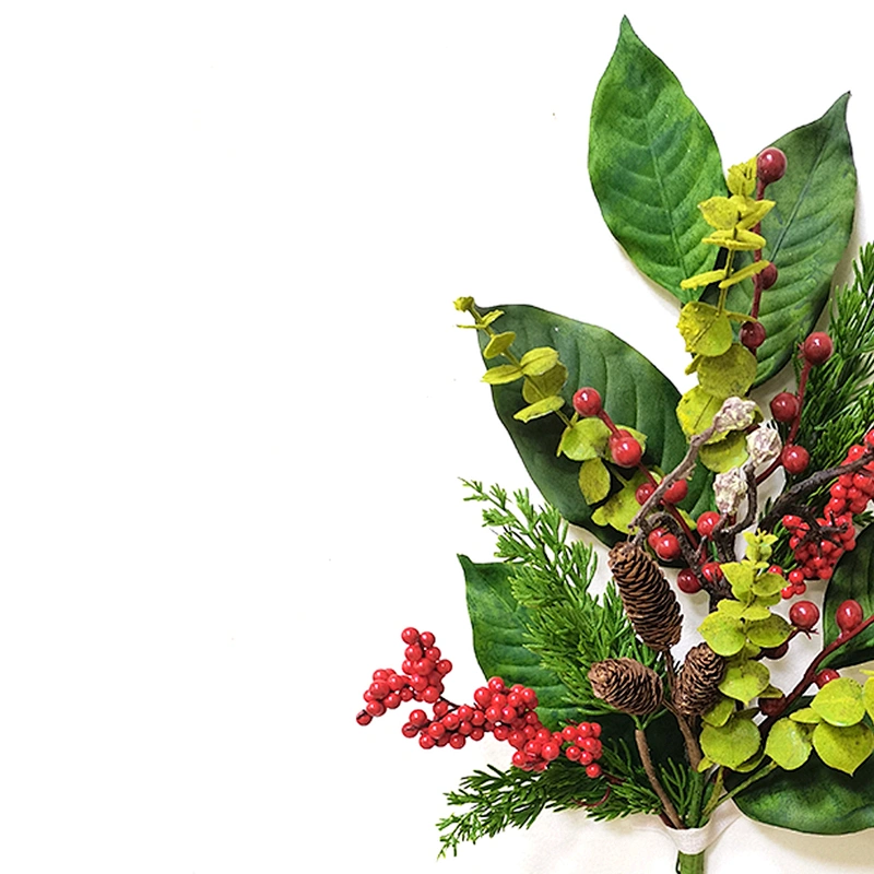 Christmas decorations Artificial flowers glitter red berry 66cm leaves Pine Hand Wrapped Floral needles
