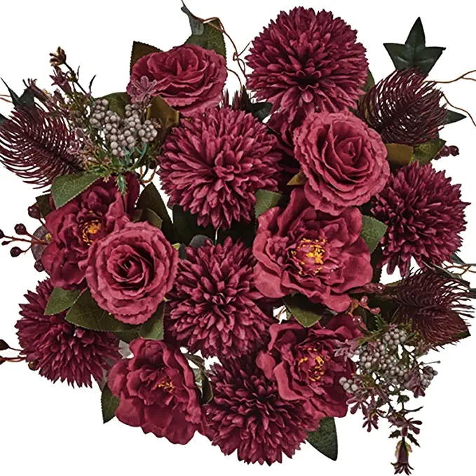 Premium Artificial Flowers Burgundy Silk Flower Peony Bouquets Artificial Flowers Roses Bulk Decoration for Wedding Home
