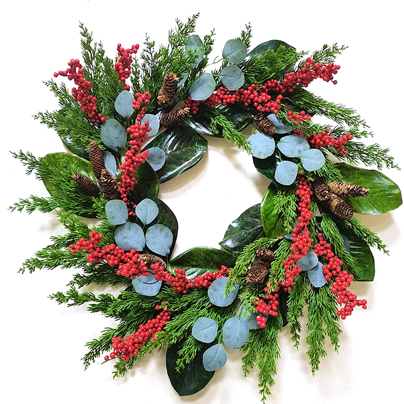 Eco-Friendly Pine needles and leaves wreath 66/38.1cm Real Touch wreath with red berry