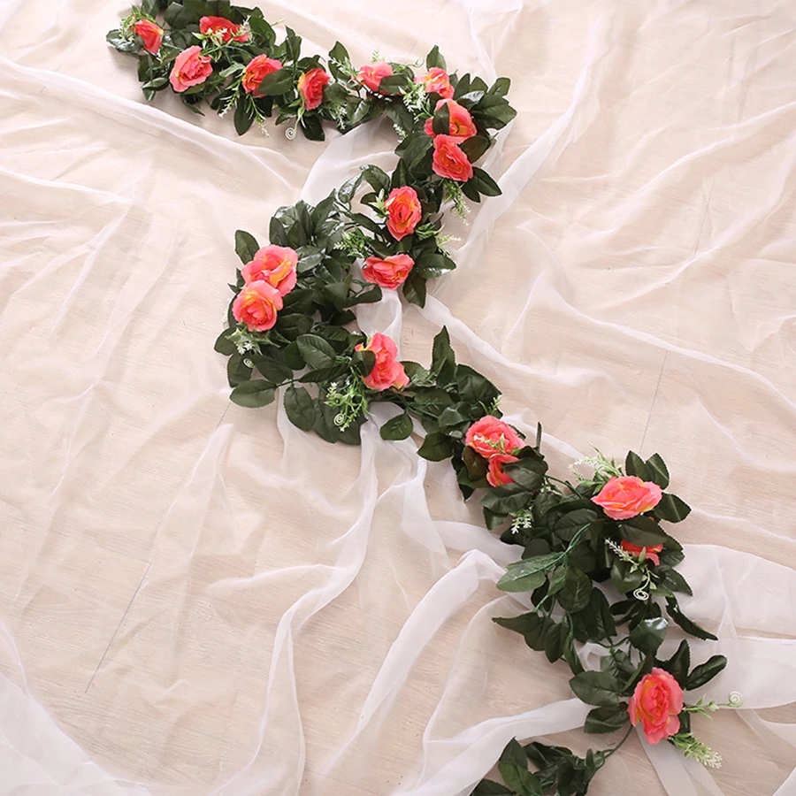 Artificial rose vine hanging flowers wall decoration rattan Artificial plants leaves garland romantic wedding home decoration