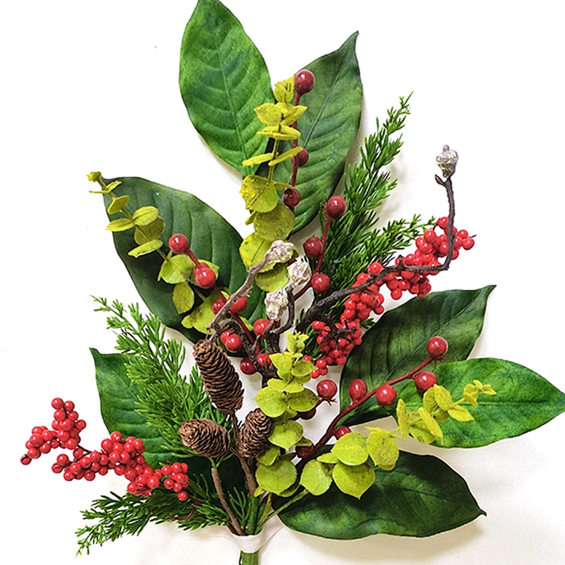 Christmas decorations Artificial flowers glitter red berry 66cm leaves Pine Hand Wrapped Floral needles