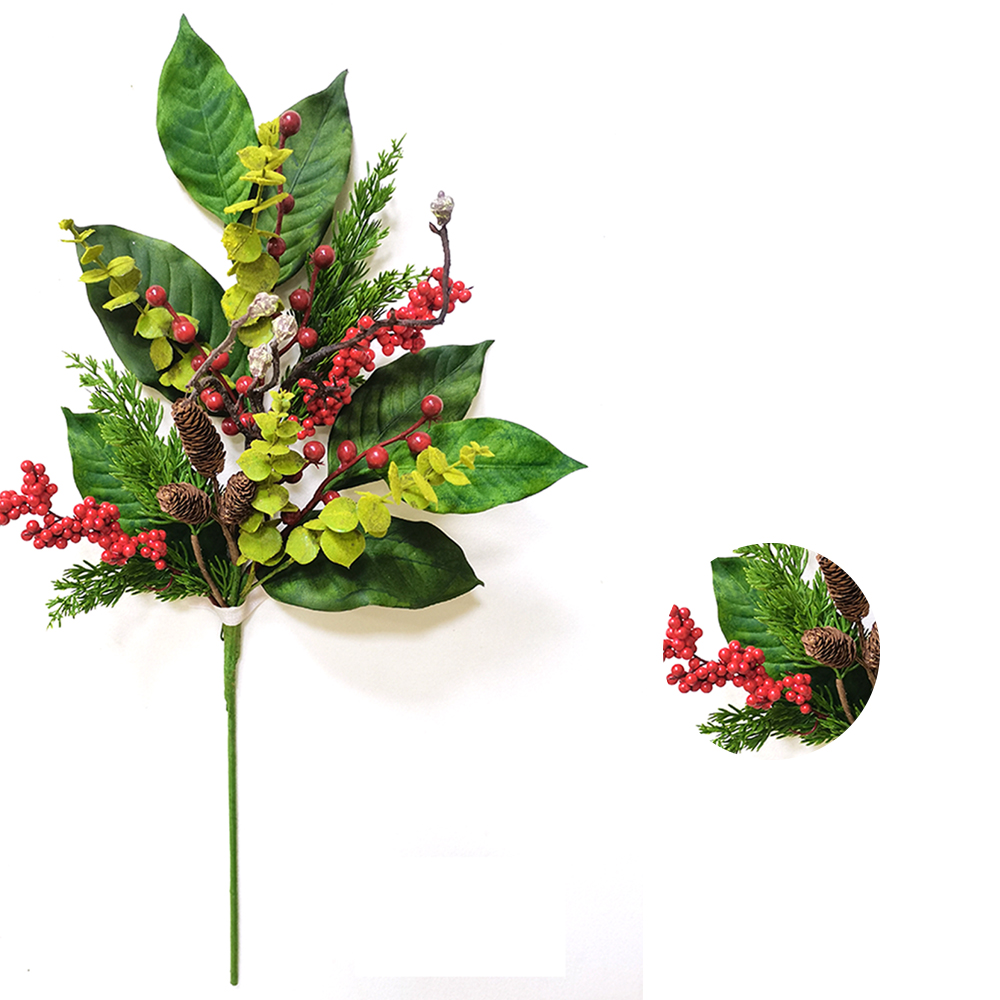 Christmas decorations Artificial flowers glitter red berry 66cm leaves Pine Hand Wrapped Floral needles