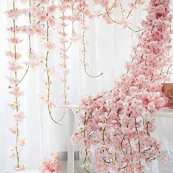 Decor Artificial Flowers Cherry Blossom Garland Pink Artificial Hanging Vines Silk Flower Wedding Home Party Garden