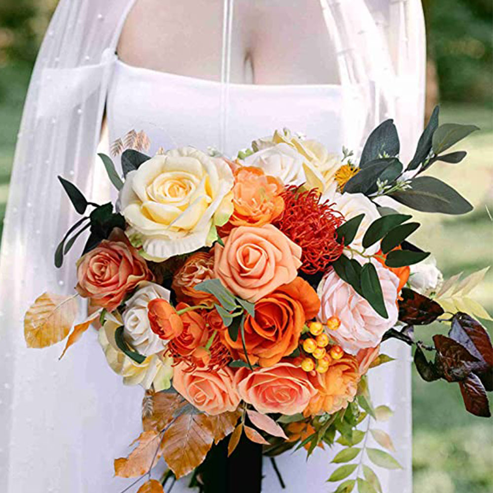 Decor Orange Artificial Flowers ball Roses Box Set Wedding Bouquet Artificial Flowers ball Fall Party decor