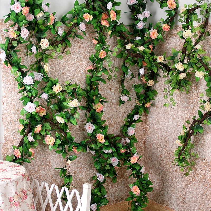 Silk Artificial Roses Flowers Rattan String Artificial Vines plants DIY Hanging Garland wreath wall For Home Wedding Decoration