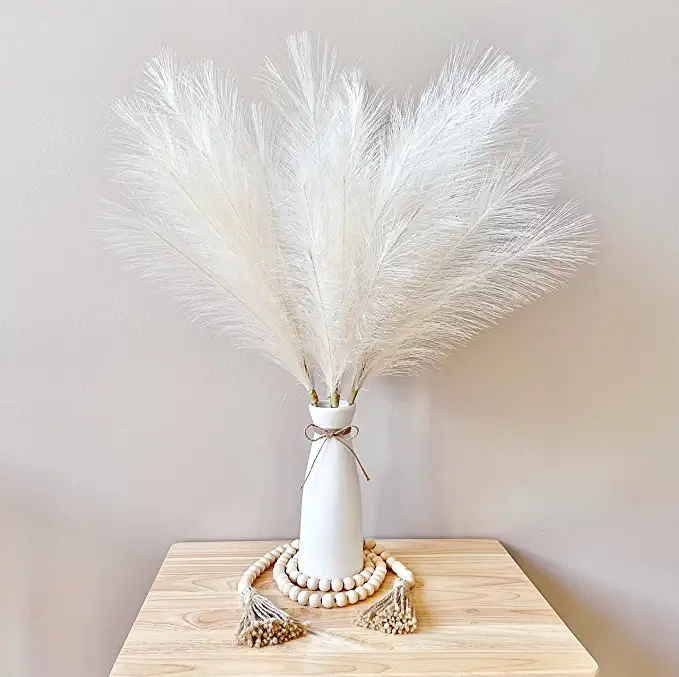 High quality Artificial Pampas Fluffy Grass Stems Bundle Include Ceramic White Modern Pampas Grass Beads Rustic Garland