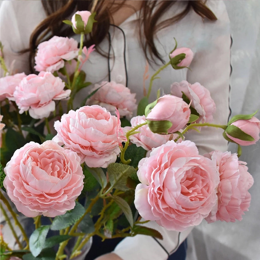 Artificial Rose Peony Silk Flowers DIY Long Branch 3 Heads Peonies Faux Flowers Wedding Stage Backdrop Decoration Flowers
