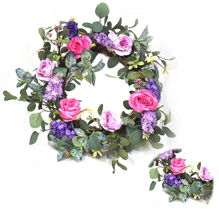 Personalized Spring Flower Hand wrapped wreath 56CM artificial Rose wreath with Silver Dollar