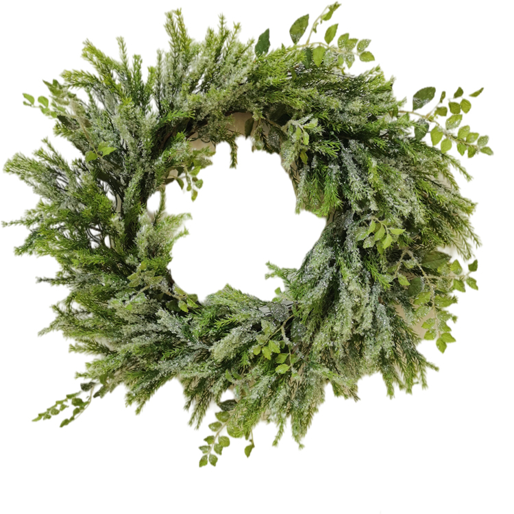 66/40.6cm Hand Wrapped Spring Floral Real Touch wreath Pine needles and leaves green wreath with snow