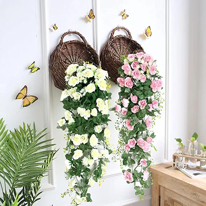 Decor Artificial Flowers Faux Rose Vine Hanging Plastic Artificial Flowers Hanging Vines for Home Wedding