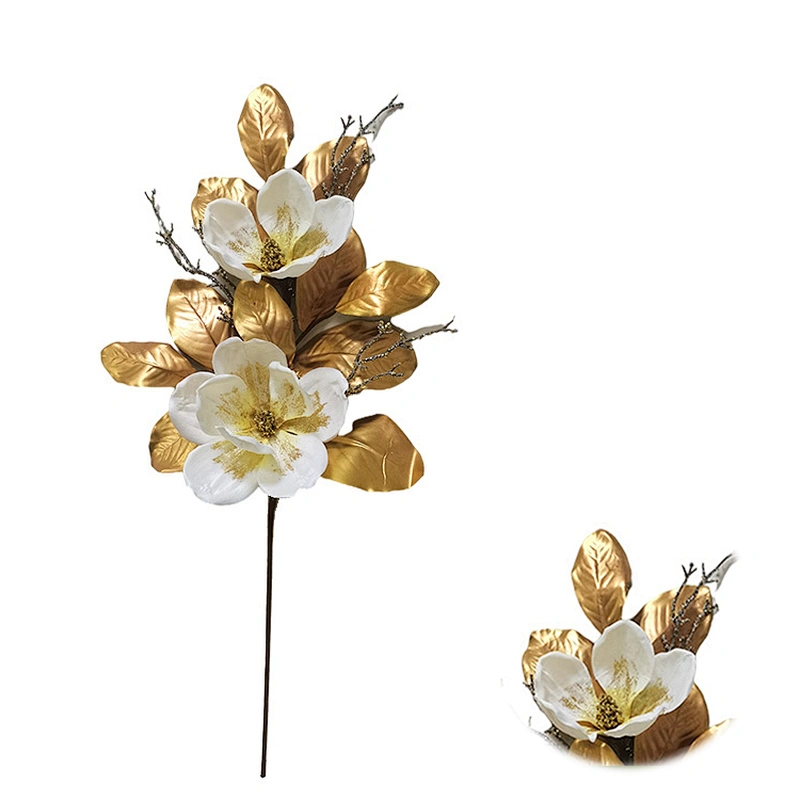 Ornamental Real Touch Artifical Plant Leaves Luxury Golden Leaves With White Flower