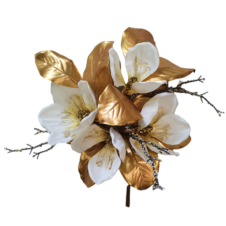 Best Selling Outdoor Artificial Glitter Bundle Luxury Christmas Bundle Golden Leaves With White Flower