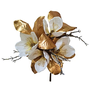 Best Selling Outdoor Artificial Glitter Bundle Luxury Christmas Bundle Golden Leaves With White Flower