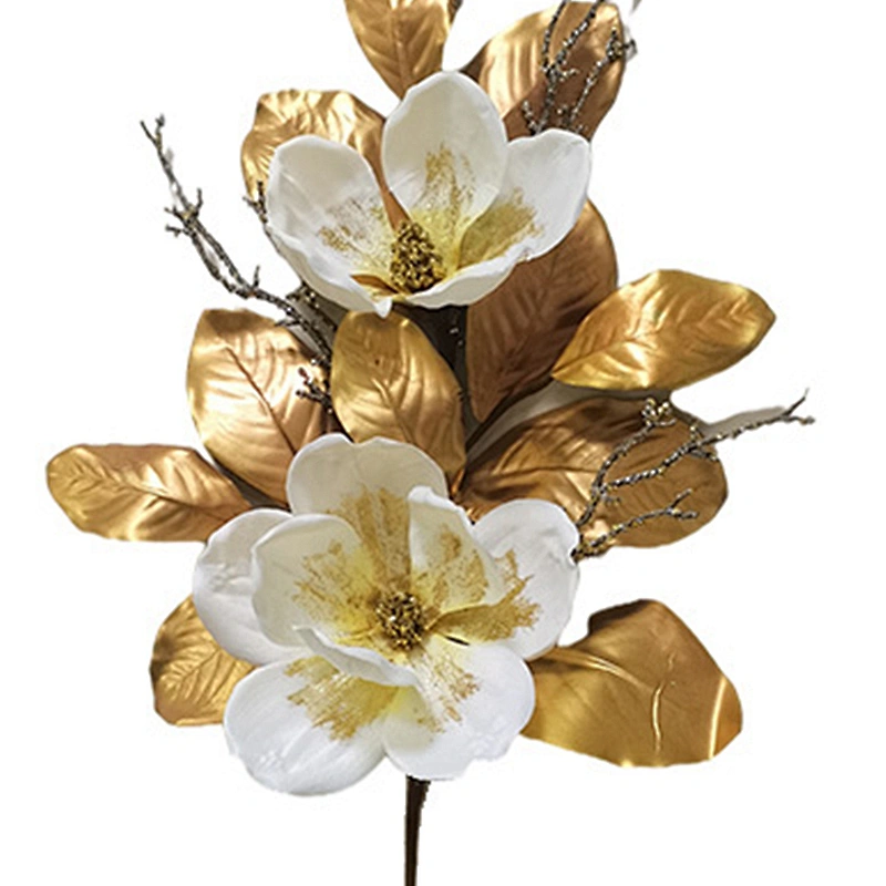 Christmas decorations glitter spray artificial flowers manufacturer professional artificial magnolia leaves