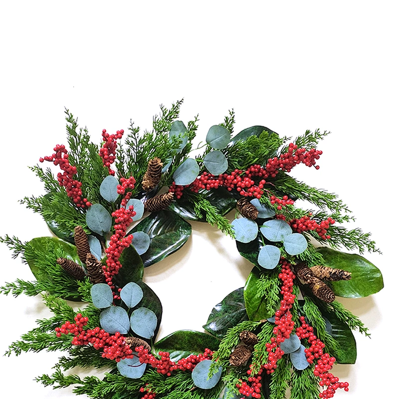 Eco-Friendly Pine needles and leaves wreath 66/38.1cm Real Touch wreath with red berry