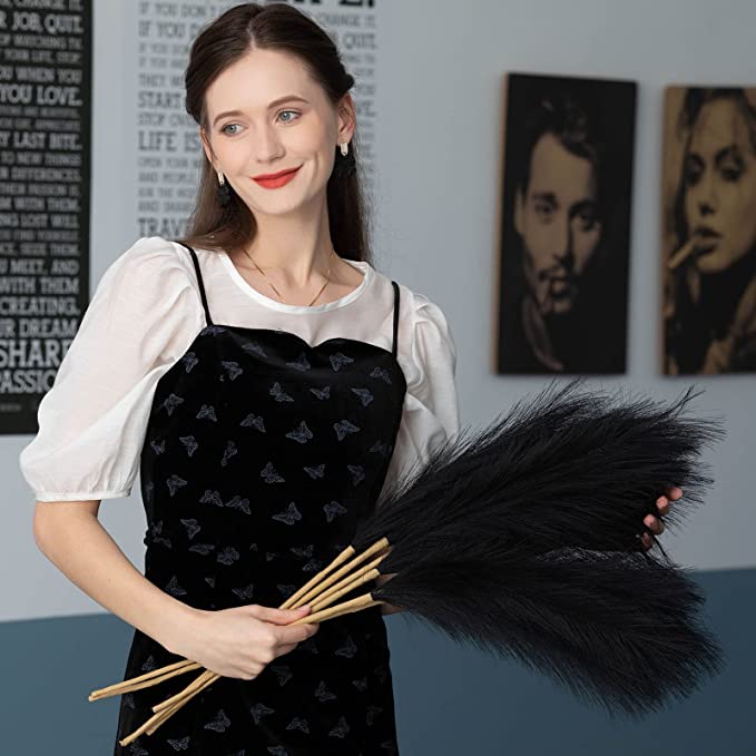 Decor Faux Pampas Grass Tall Fluffy Black Artificial Pampas Grass Flower Arrangement for Home Wedding