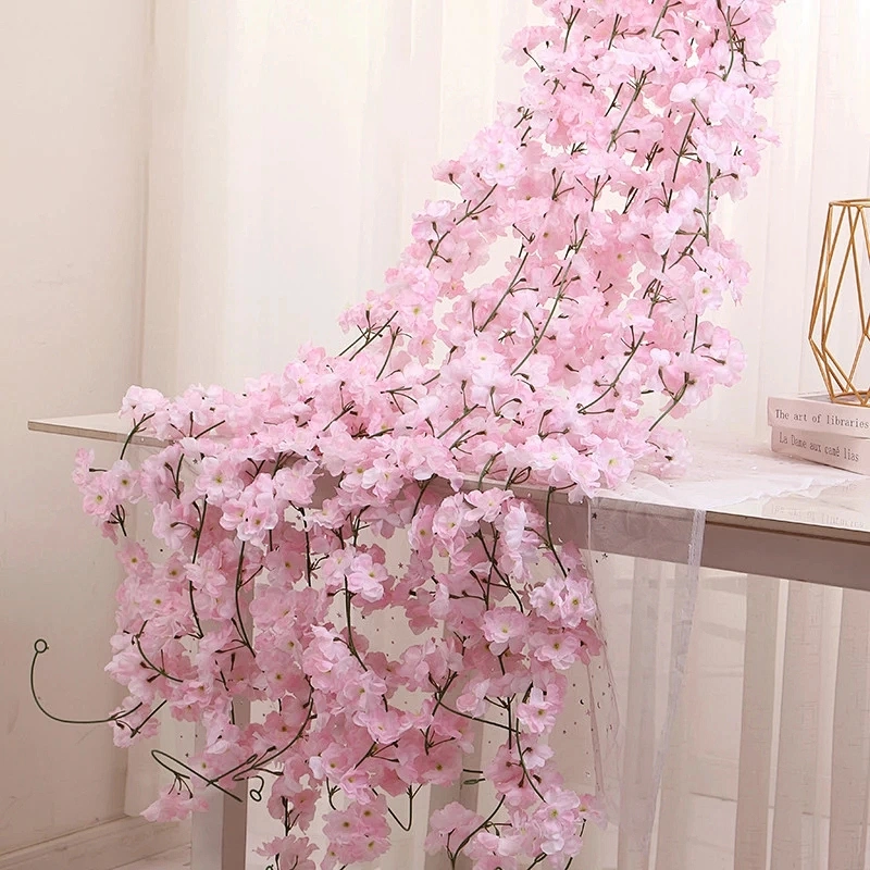 Head Sakura 1.8m Cherry Blossom Flower Rattan Wall Hanging Garlands DIY Wreath Wedding Arch Home Decor Artificial Flower