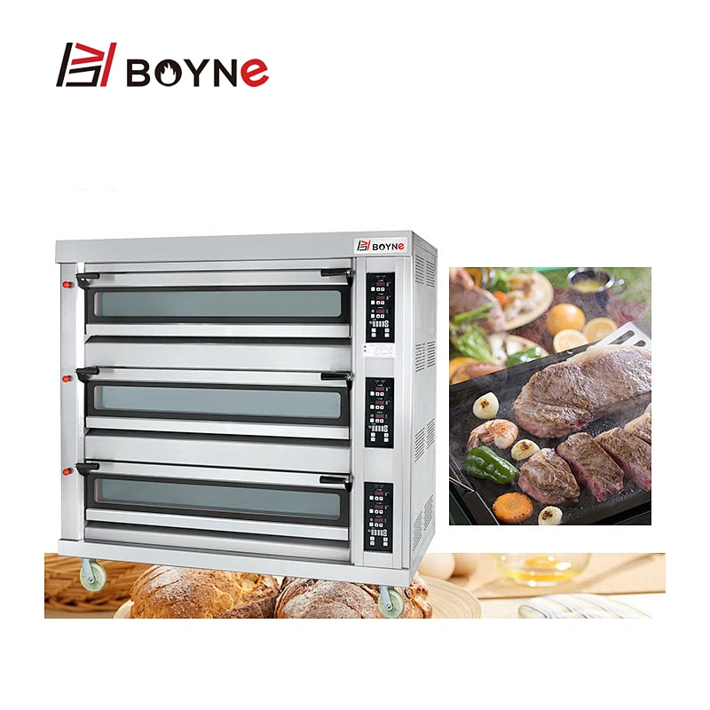 Commercial Bakery Shop Computer Control Stainless Steel Gas Three Deck Six Trays Bread Oven