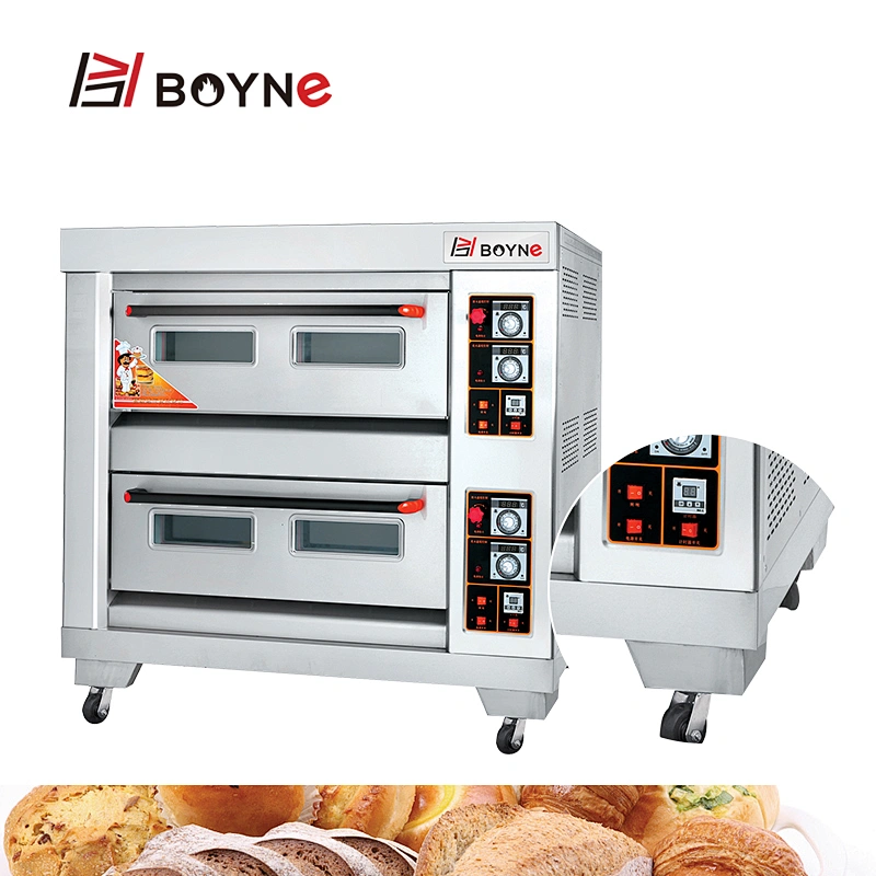 Commercial Gas Bakery Kitchen Equipment Stainless Steel Double Deck Four Trays Bread Oven