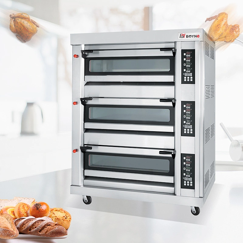 Commercial Bakery Shop Computer Control Stainless Steel Gas Three Deck Six Trays Bread Oven