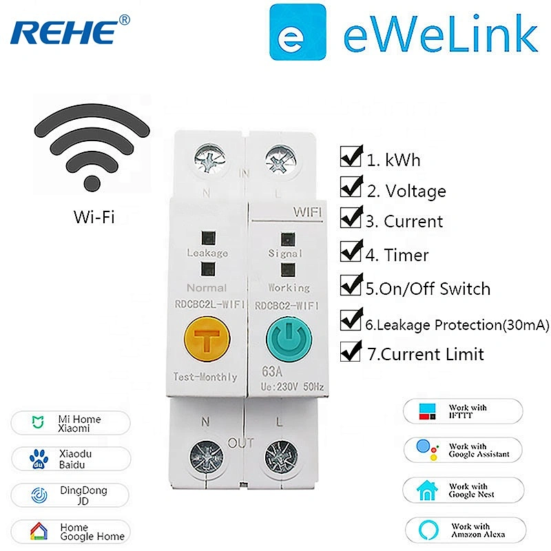 2P WIFI Circuit Breaker Energy Power kWh Meter Time Timer Switch Relay Voltmeter Current Leakage Protection RCCB RCBO Limitter